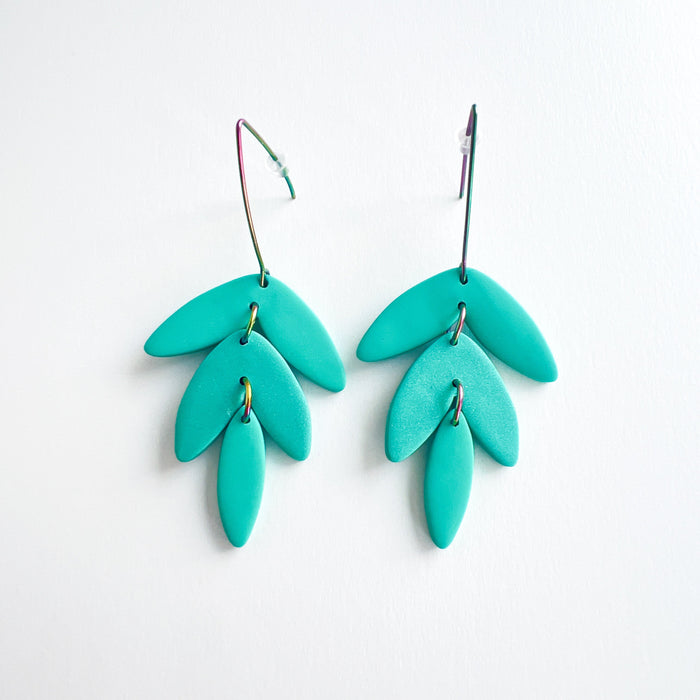 Turquoise Leaf Dangle Earrings – Polymer Clay & Rainbow V Earwires