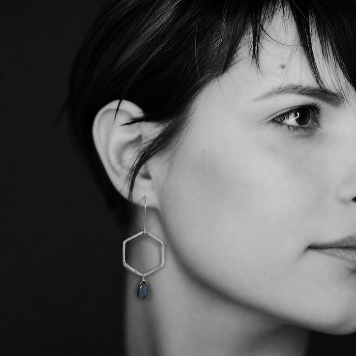 Hexa Dangle Earrings with Blue Kyanite Drops- Sterling Silver