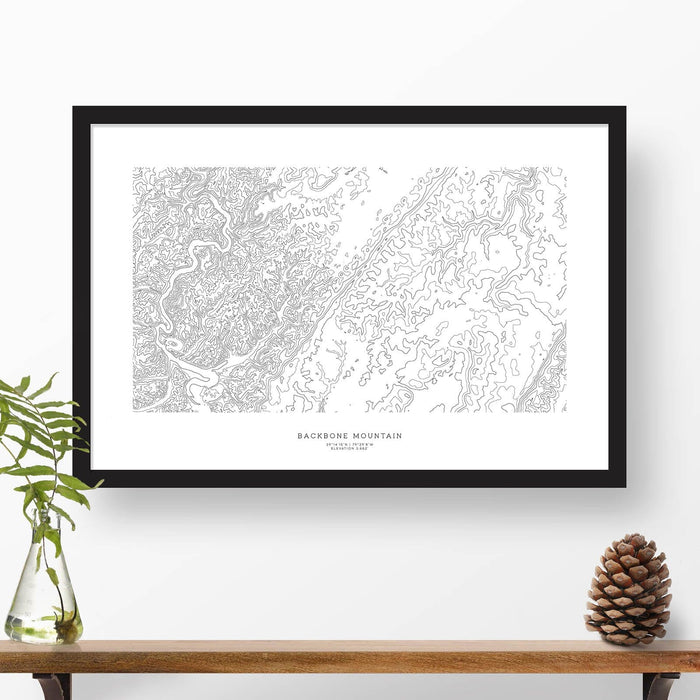Framed black and white print of Backbone Mountain, Maryland with topography art.
