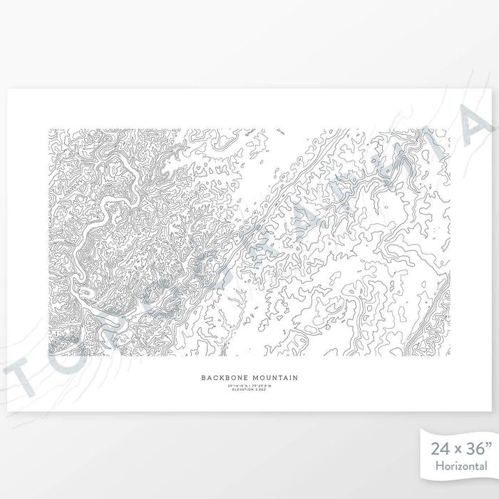 Example topographic map print of Backbone Mountain. Art uses horizontal orientation. Print shows landscape of the area using contour lines. On the artwork is a title and concise info of location and elevation.