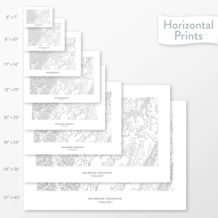 Topographic maps of Backbone Mountain, Maryland in multiple sizes, available as posters, framed print, and canvas or framed canvas.