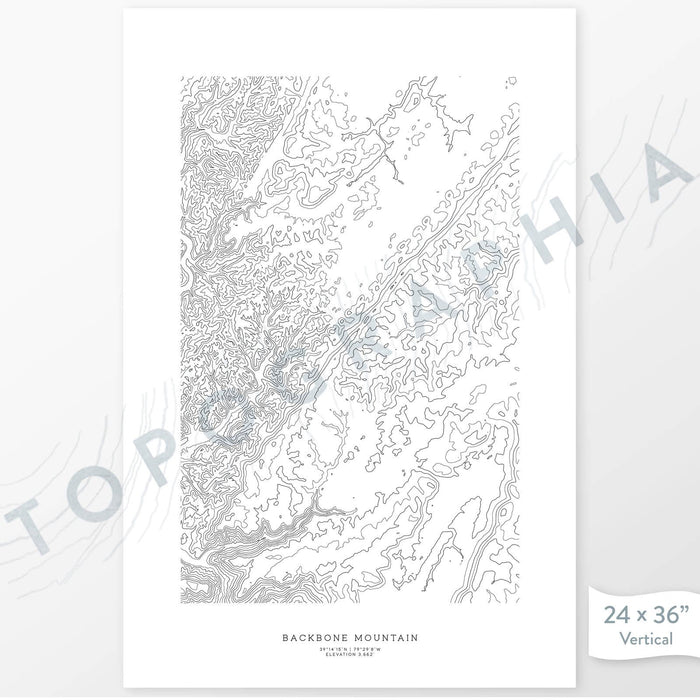 Example art map print of Backbone Mountain, Maryland. Art uses verticle orientation. Print shows landscape of the area using elevation data. On the artwork is a title and concise info of location and elevation. Custom map decor