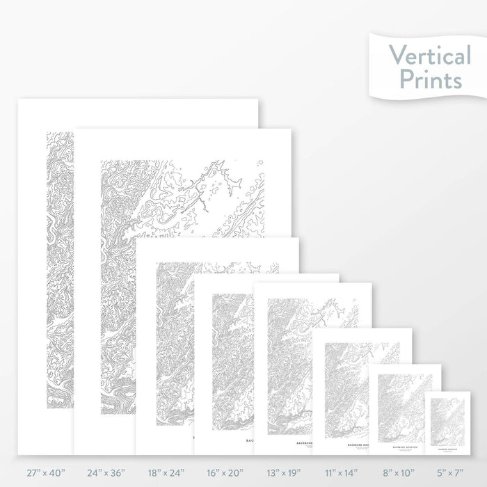 Available sizes for Backbone Mountain, Maryland topographic maps. 5x7, 8x10, 11x14, 16x20, 18x24, 24x36, and 27x40 posters shown. as black and white prints on a gray background.