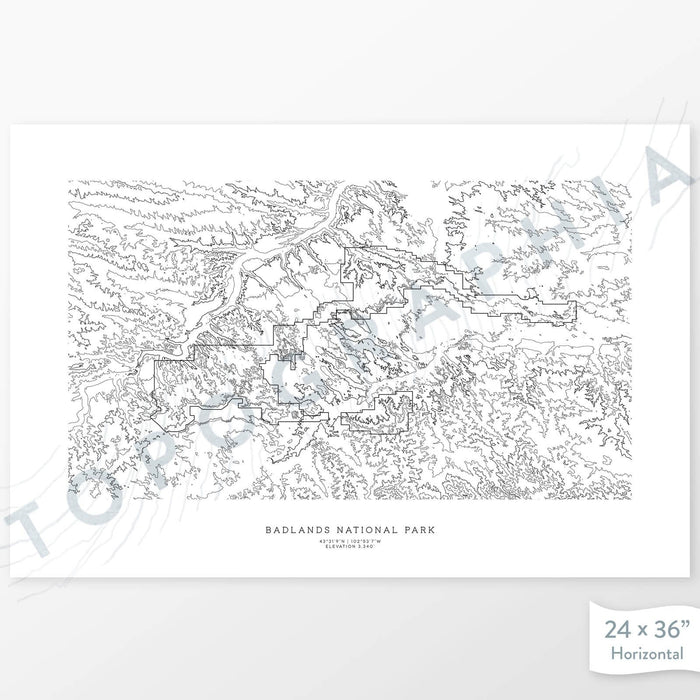 Map wall decor of Badlands National Park with modern map art in black and white.
