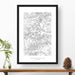National park print of Badlands National Park with black and white topography in a black 24x36 vertical frame.