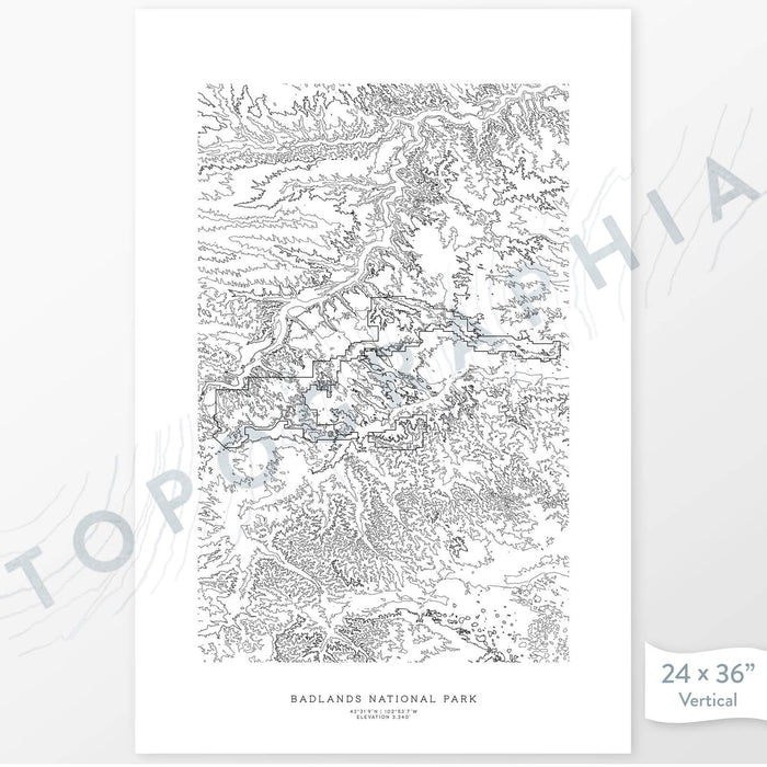 National Park print of the Badlands, with topography art.