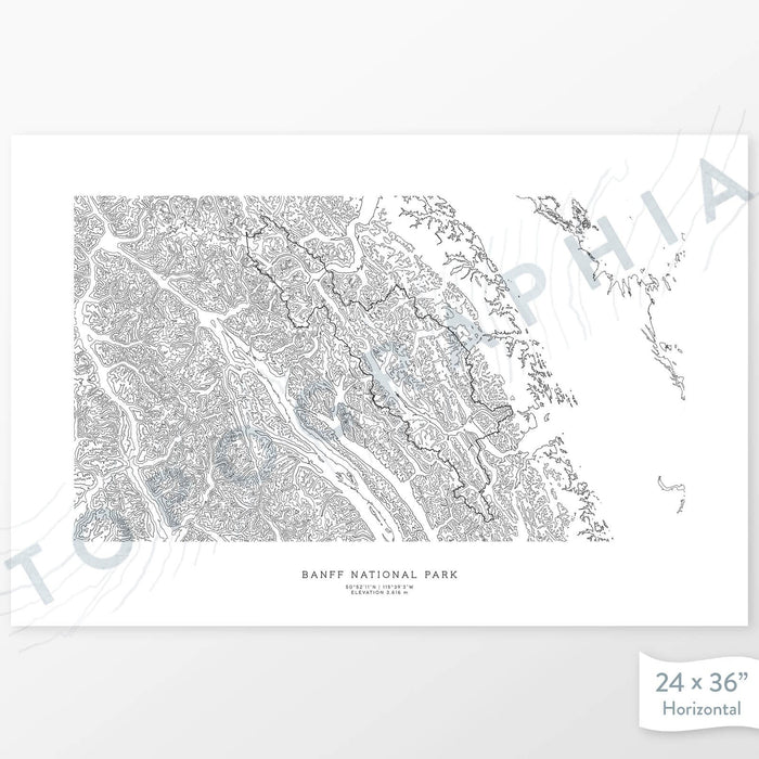 National Park print of Banff with a topographic map. Black contour lines on a white background.