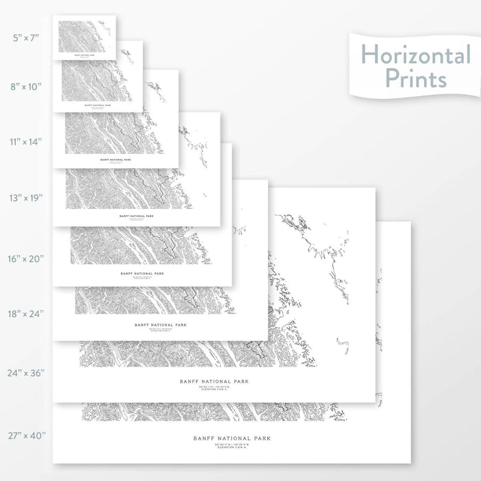 Decorative maps in many sizes of Banff National Park topography: 5x7, 8x10, 11x14, 16x20, 18x24, 24x36, and 27x40.