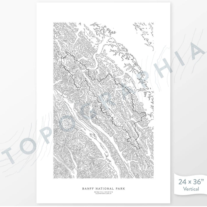 Vertical orientation Banff National Park poster with topographic map design.