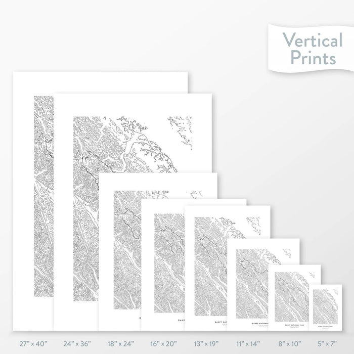 All sizes of Banff National Park topography vertical prints.