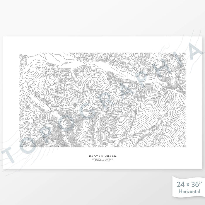 Example topographic map print of the Beaver Creek, Colorado ski area. Art uses horizontal orientation. Print shows landscape of the area using contour lines. On the artwork is a title and concise info of location and elevation.