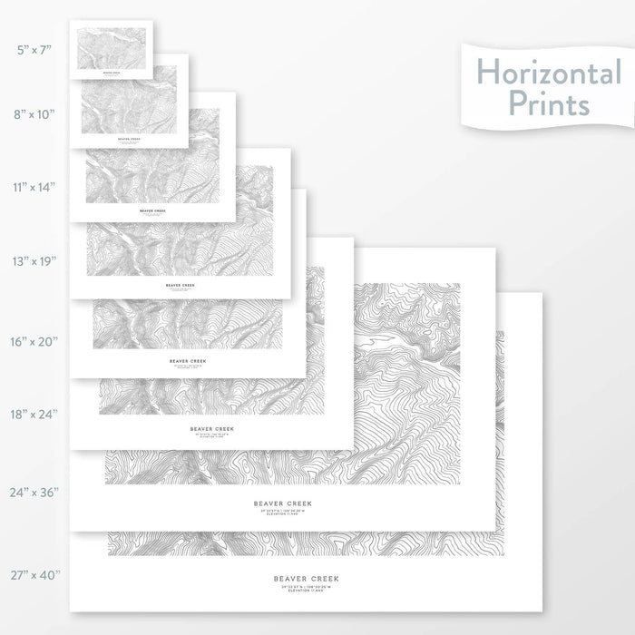 Mountain art of Beaver Creek, Colorado. Map wall decor is available in multiple sizes: 5x7, 8x10, 11x14, 16x20, 18x24, 24x36, and 27x40.