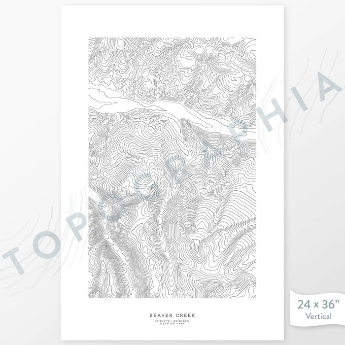 Example art map print of the Beaver Creek, Colorado ski area. Art uses verticle orientation. Print shows landscape of the area using elevation data. On the artwork is a title and concise info of location and elevation. Custom map decor