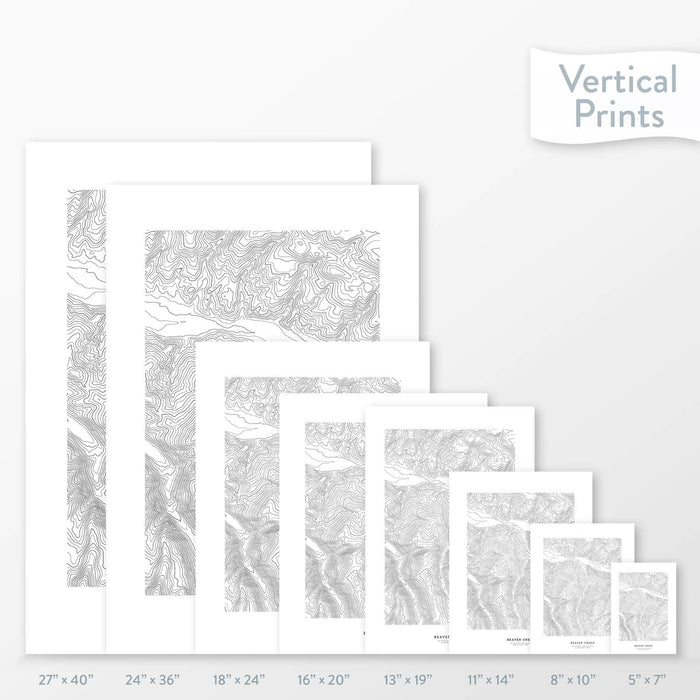 Topographic map art of Beaver Creek ski area in Colorado, available to buy as posters, framed posters, and wrapped canvas wall art. Sized at 5x7, 8x10, 11x14, 16x20, 18x24, 24x36, and 27x40 inches.