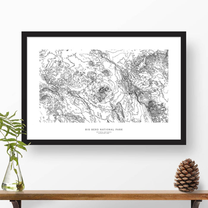 Framed travel art of Big Bend National Park, featuring topography map art in black and white.