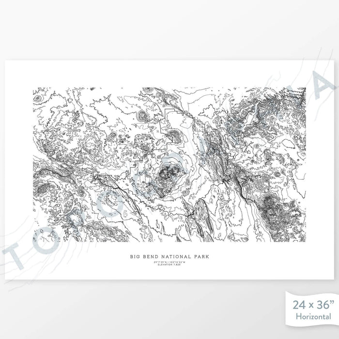 Example topographic map print of Big Bend National Park. Art uses horizontal orientation. Print shows landscape of the area using contour lines. On the artwork is a title and concise info of location and elevation.