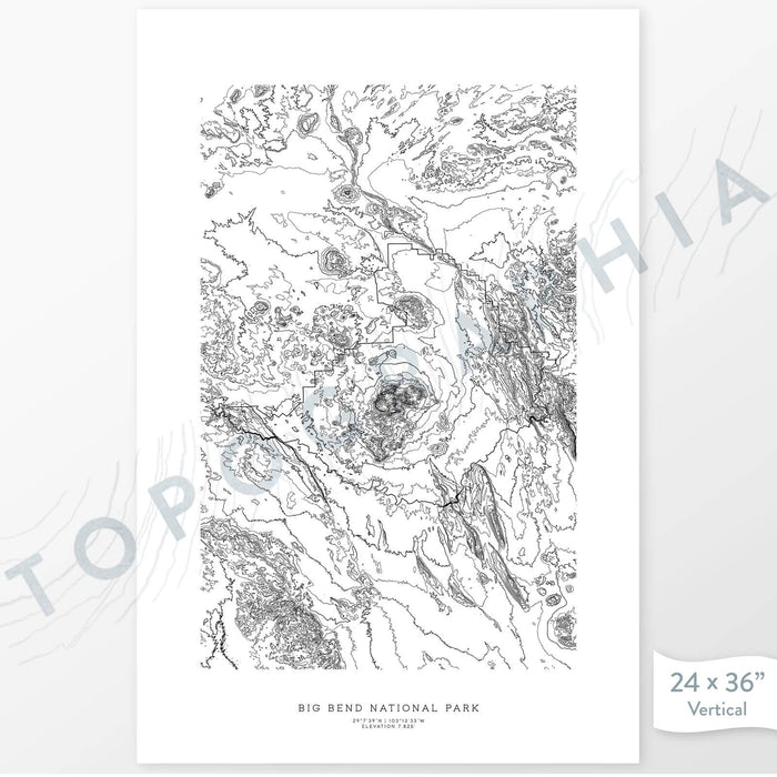 Big Bend National Park poster with topograpy contour lines in black on a white background. Customizable text makes it a great map art gift idea.