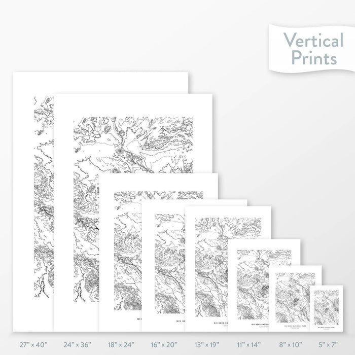 Side-by-side comparison of 8 dimension options for adventure travel art. Prints are decorative topographic maps of Big Bend National Park.