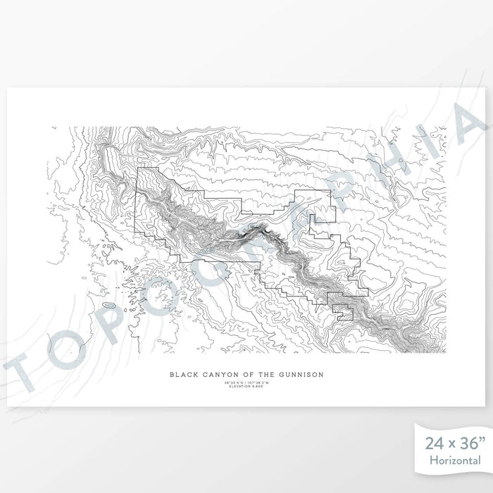 Horizontal custom topo map print of Black Canyon of the Gunnison National Park. Contour lines show the steep canyon topography of the area. National Park artwork