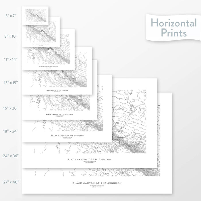 All sizes of horizontal prints for Black Canyon of the Gunnison National Park poster with topographic map.