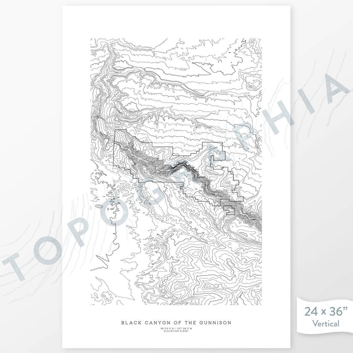 Black Canyon of the Gunnison National Park poster with topograpy contour lines in black on a white background. Customizable text makes it a great map art gift idea.