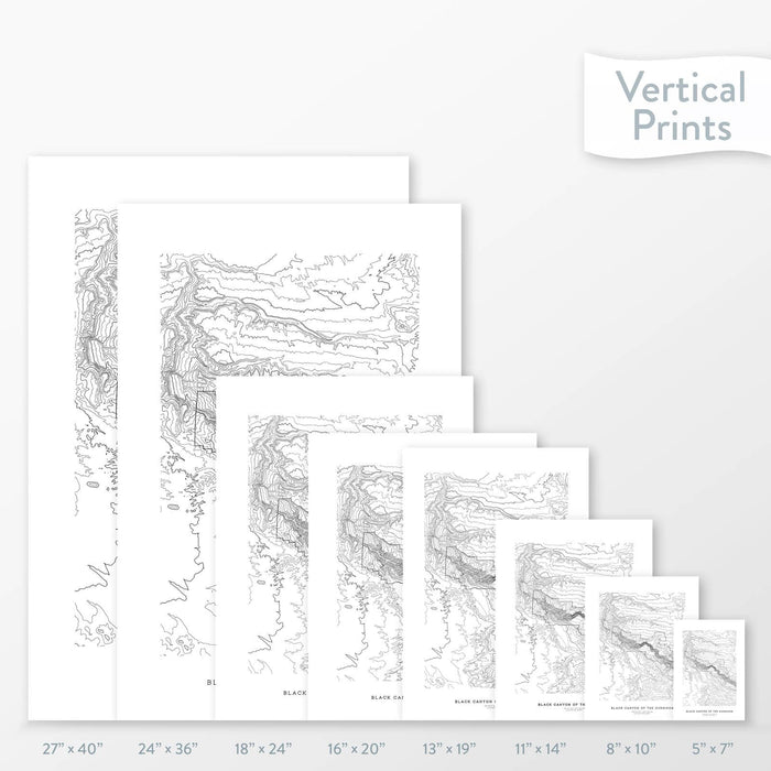 Side-by-side comparison of 8 dimension options for adventure travel art. Prints are decorative topographic maps of Black Canyon of the Gunnison National Park.