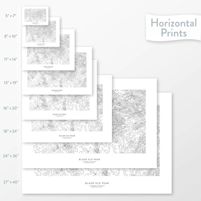 Available sizes for Black Elk Peak, South Dakota topographic maps. 5x7, 8x10, 11x14, 16x20, 18x24, 24x36, and 27x40 posters shown. as black and white prints on a gray background.