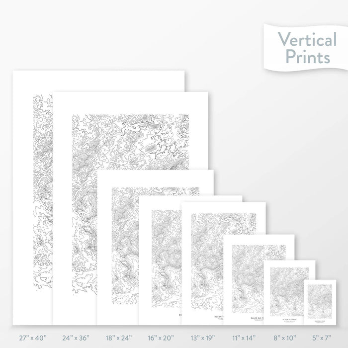 Available sizes for Black Elk Peak, South Dakota topographic maps. 5x7, 8x10, 11x14, 16x20, 18x24, 24x36, and 27x40 posters shown. as black and white prints on a gray background.