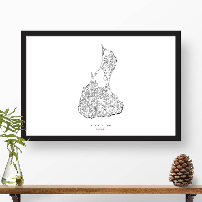 Block Island, Rhode Island topographic map art poster with black frame.