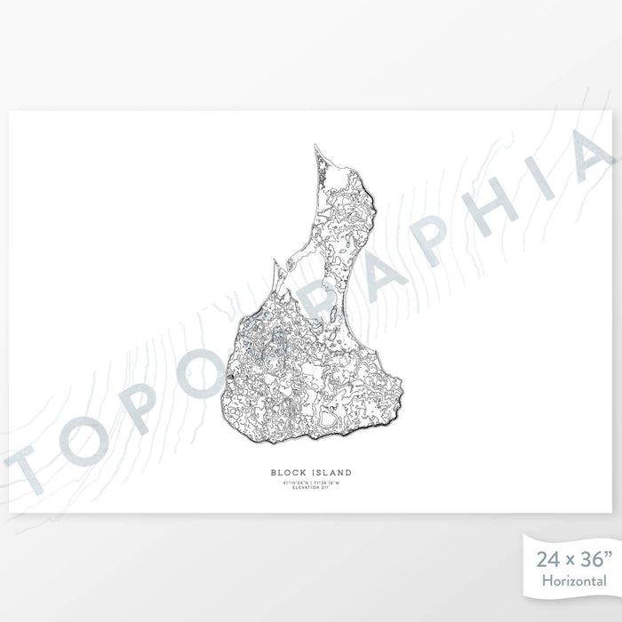 Map wall decor of Block Island, Rhode Island with modern map art in black and white.