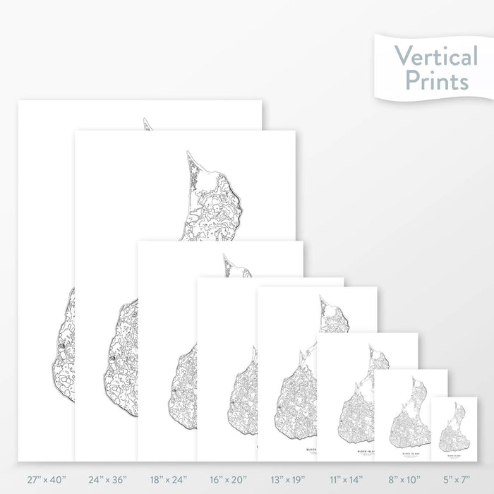 Available sizes for Block Island, Rhode Island topographic maps. 5x7, 8x10, 11x14, 16x20, 18x24, 24x36, and 27x40 posters shown. as black and white prints on a gray background.