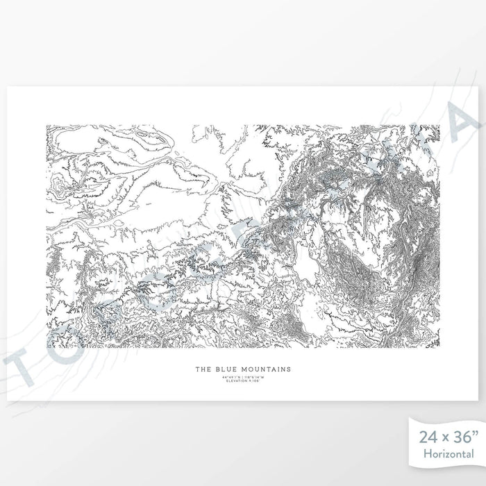 Vertical orientation Blue Mountains poster with topographic map design.