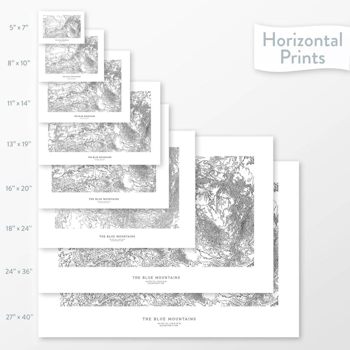 Available sizes for Blue Mountains, Washington and Oregon topographic maps. 5x7, 8x10, 11x14, 16x20, 18x24, 24x36, and 27x40 posters shown. as black and white prints on a gray background.