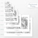 Available sizes for Blue Mountains, Washington and Oregon topographic maps. 5x7, 8x10, 11x14, 16x20, 18x24, 24x36, and 27x40 posters shown. as black and white prints on a gray background.