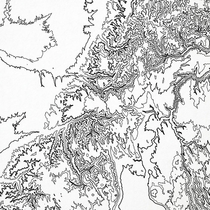 Close-up of contour lines that represent topography on the map poster of the Blue Mountains, Washington and Oregon.