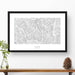 Framed black and white print of Bluewood ski area topography art. Text can be added to create a custom map poster as a travel gift.