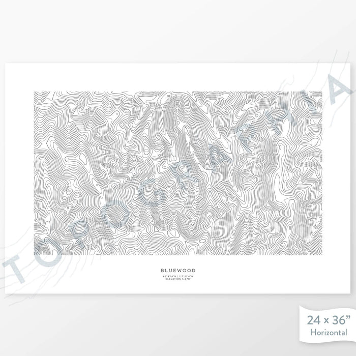 Ski area art print of Bluewood with a topographic map. Black contour lines on a white background.