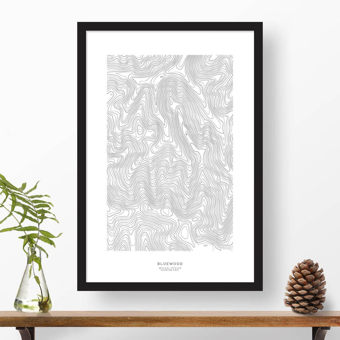 Bluewood Ski Area featured in a topographic map poster, 24 inches by 36 inches, in a vertical orientation, with a black solid wood ready-to-hang frame.