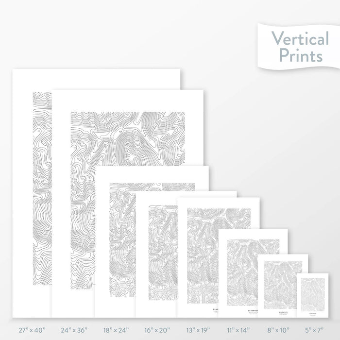 Available sizes for Bluewood Ski Area topographic maps. 5x7, 8x10, 11x14, 16x20, 18x24, 24x36, and 27x40 posters shown. as black and white prints on a gray background.