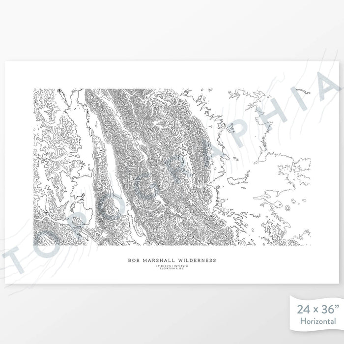 Horizontal Bob Marshall Wilderness, Montana poster with topography.