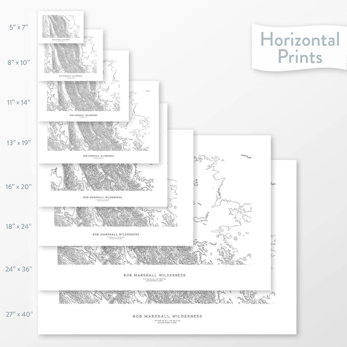 All sizes of horizontal prints for Bob Marshall Wilderness poster with topographic map.