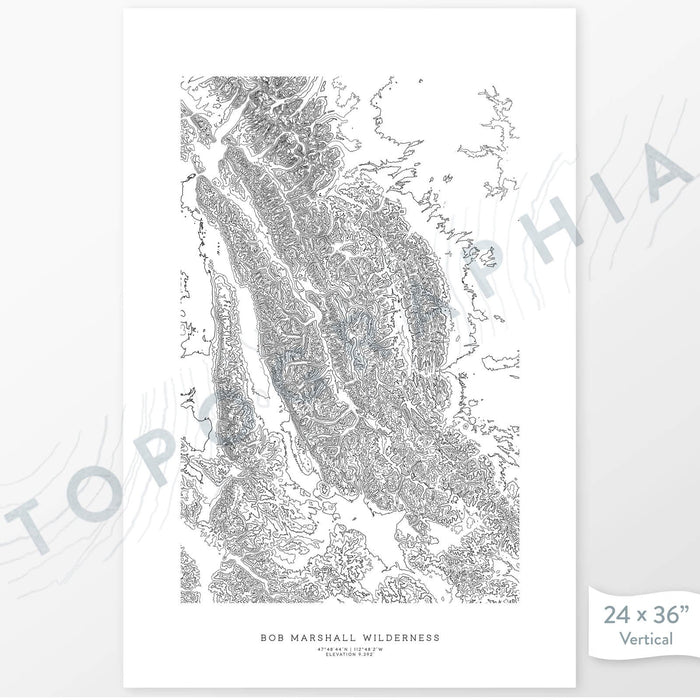 Bob Marshall Wilderness, Montana poster with black and white contour lines to represent topography