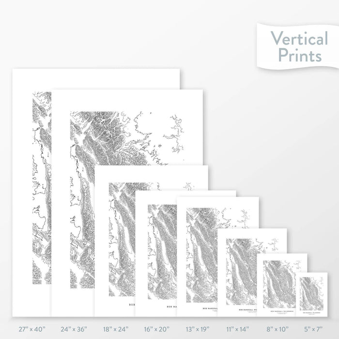 6 sizes of Bob Marshall Wilderness, Montana poster that features a topographic map design.