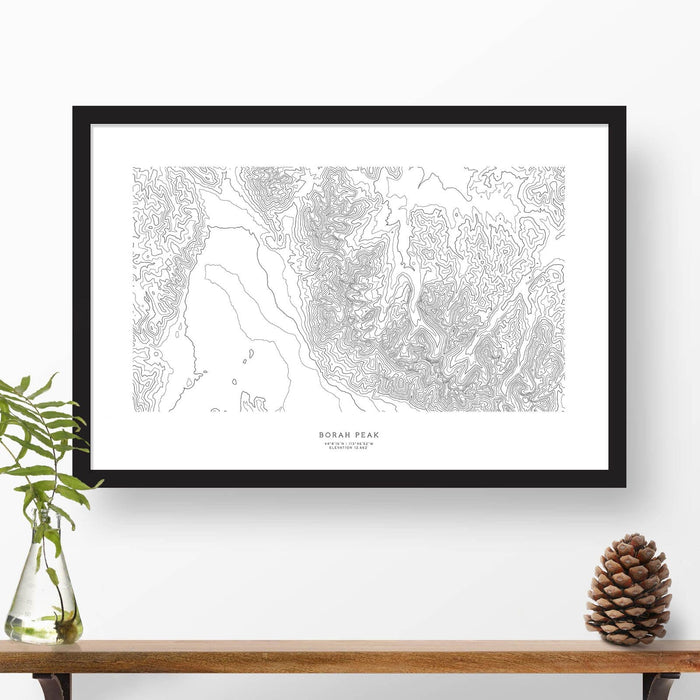 Borah Peak, Idaho topographic map art poster with black frame.