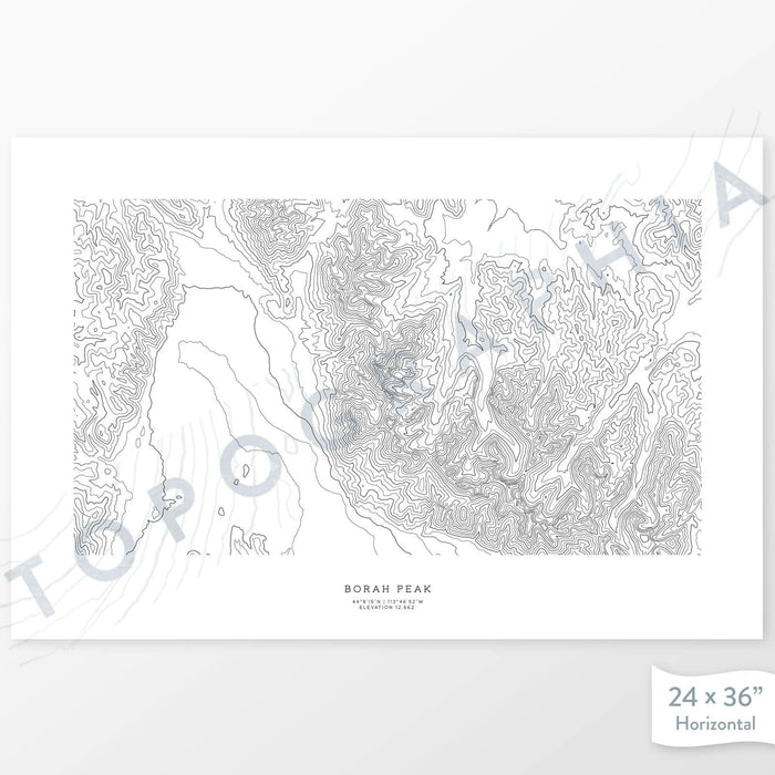 Example topographic map print of Borah Peak, Idaho. Art uses horizontal orientation. Print shows landscape of the area using contour lines. On the artwork is a title and concise info of location and elevation.