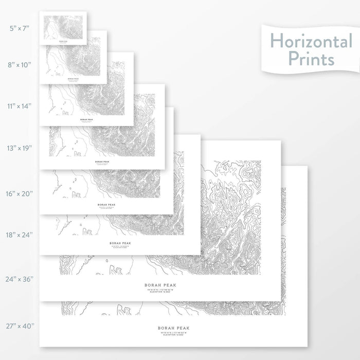 Topographic maps of Borah Peak, Idaho in multiple sizes, available as posters, framed print, and canvas or framed canvas.