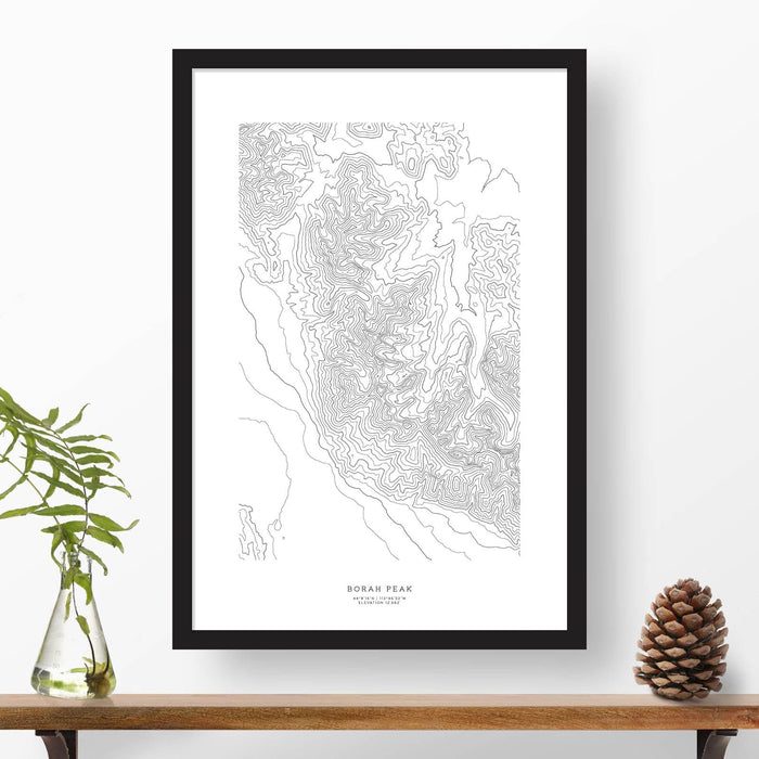Borah Peak, Idaho topographic map poster, 24 inches by 36 inches, in a vertical orientation, with a black solid wood ready-to-hang frame.
