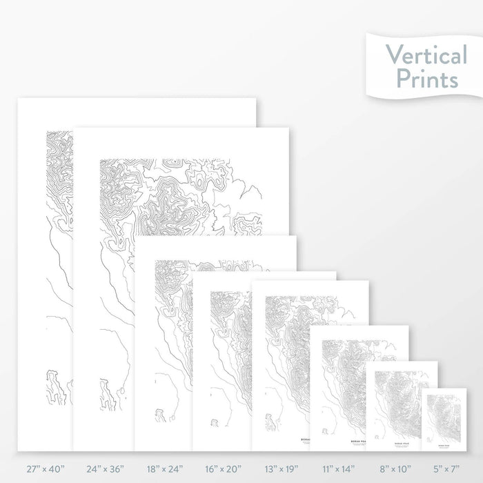 Available sizes for Borah Peak, Idaho topographic maps. 5x7, 8x10, 11x14, 16x20, 18x24, 24x36, and 27x40 posters shown. as black and white prints on a gray background.