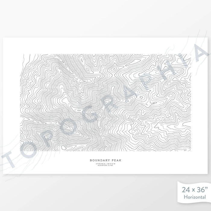 Example topographic map print of Boundary Peak, Nevada. Art uses horizontal orientation. Print shows landscape of the area using contour lines. On the artwork is a title and concise info of location and elevation.
