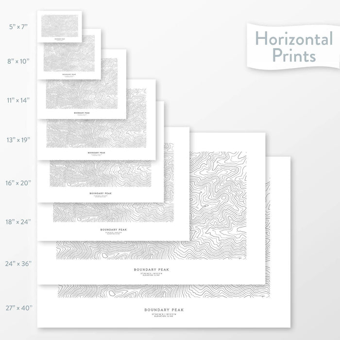 Topographic maps of Boundary Peak, Nevada in multiple sizes, available as posters, framed print, and canvas or framed canvas.